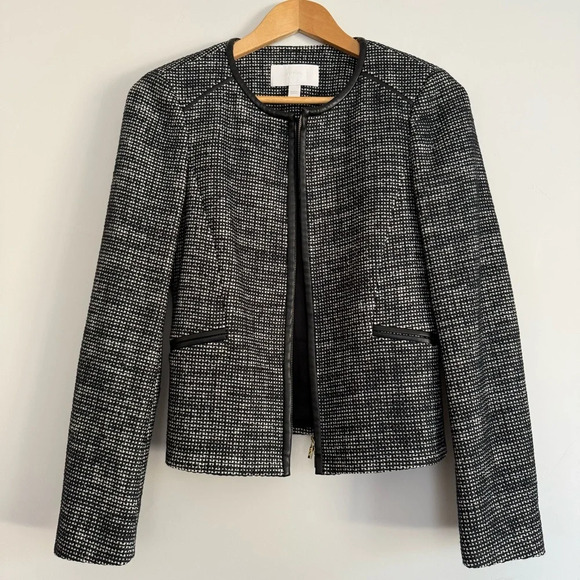 Boss Hugo Boss Koralie tweed zip jacket blue and white with leather trim Size: 2 - Picture 1 of 6